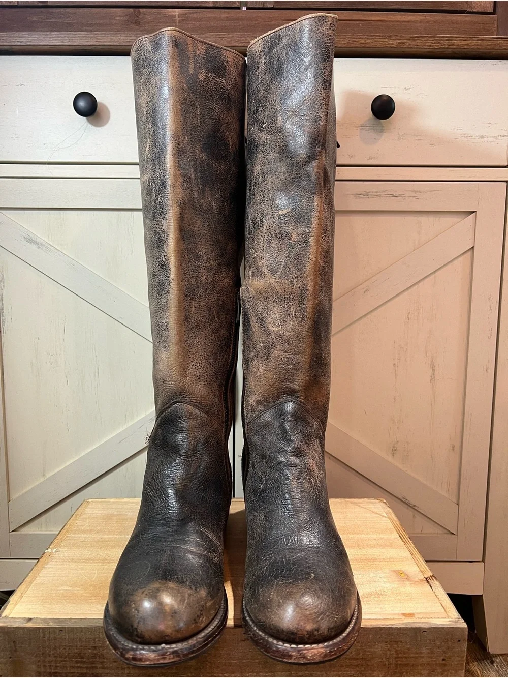 Bed Stu Manchester Brown Distressed Leather Zip Up Tall Knee Hi Boots Size 9